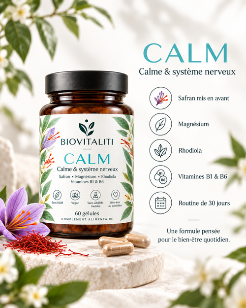 BIOVITALITI CALM - safran, magnésium, rhodiola, vitamines B1 et B6