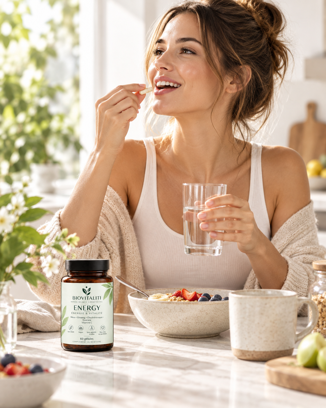 BIOVITALITI ENERGY - prise d'une gélule avec un verre d'eau