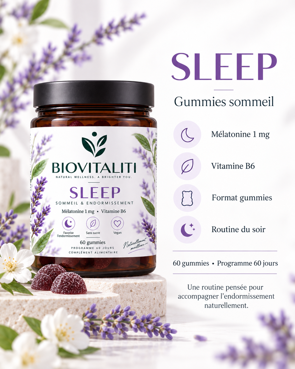 BIOVITALITI SLEEP - mélatonine 1 mg, vitamine B6 et routine du soir