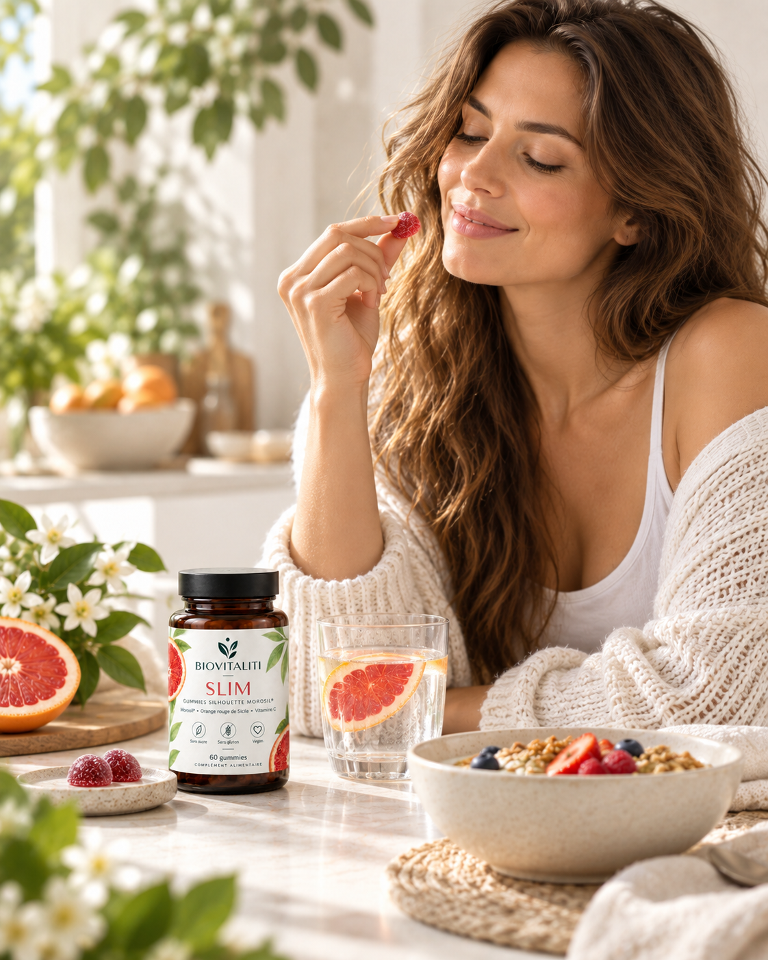 BIOVITALITI SLIM - prise d'un gummy dans une routine quotidienne